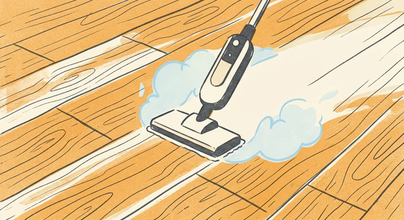 Risograph illustration of a stylized steam mop cleaning sealed wooden floor planks.