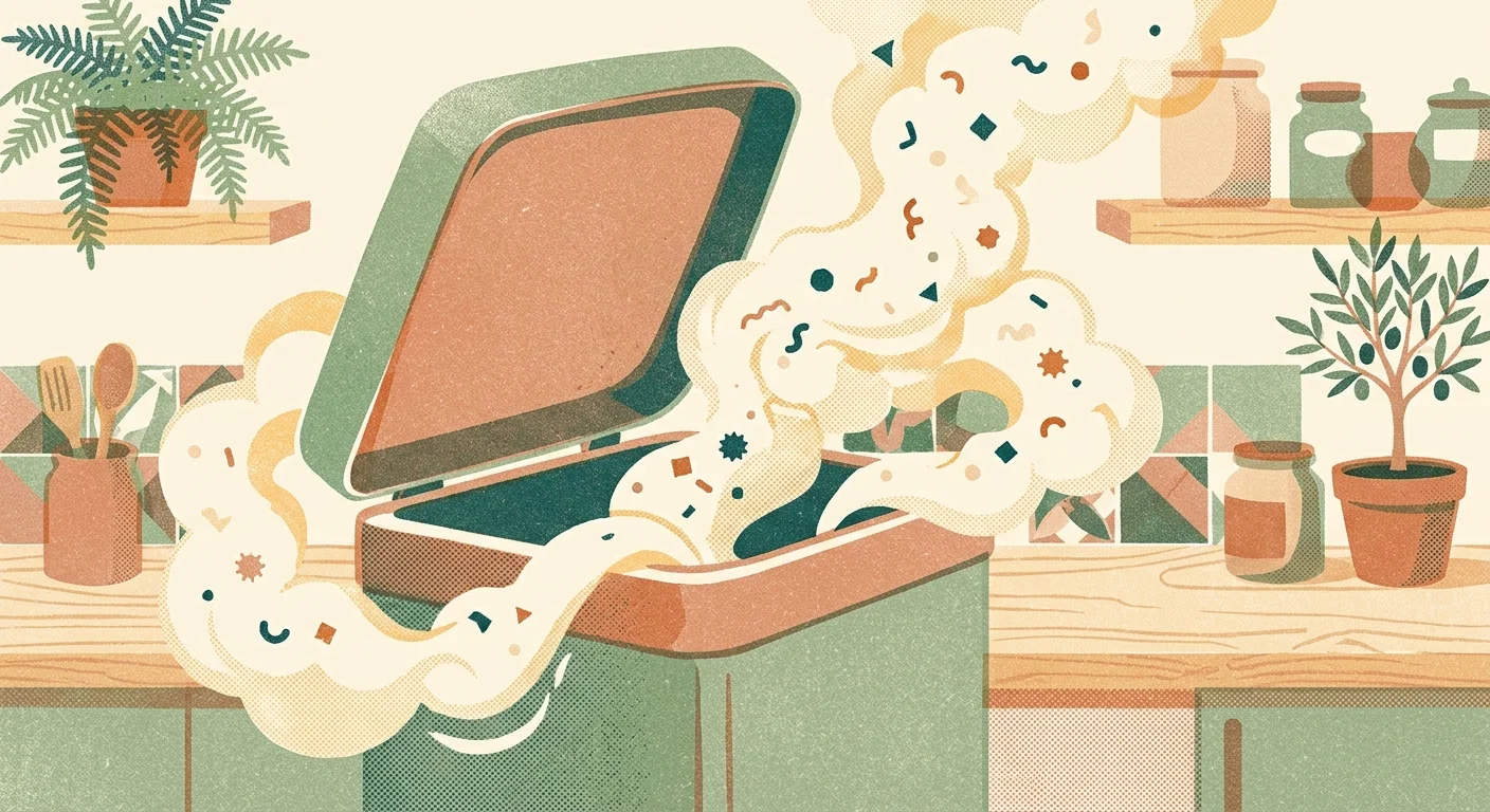 Risograph illustration showing steam swirling inside a trash bin to sanitize and eliminate odors.