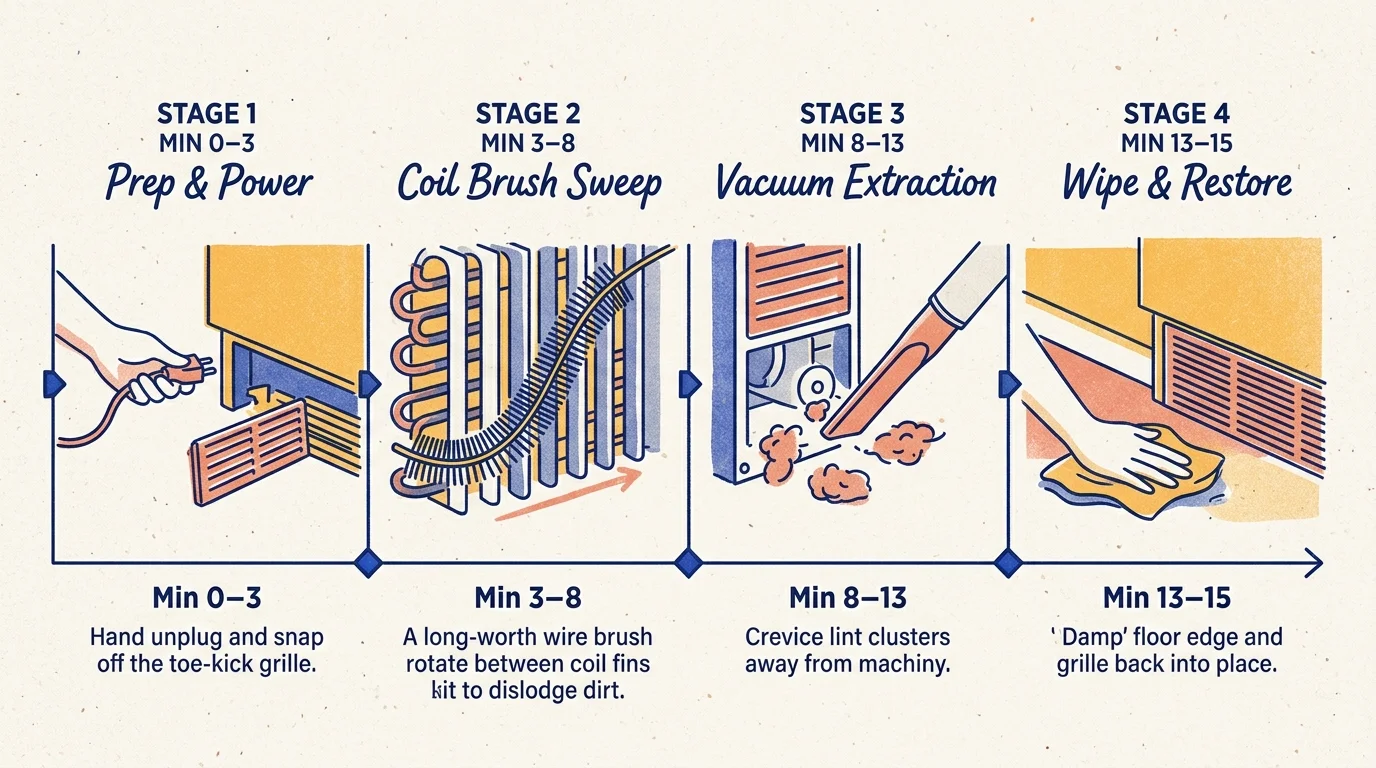 Four-step diagram showing stages to unplug, brush coils, vacuum lint, and wipe around a refrigerator base.