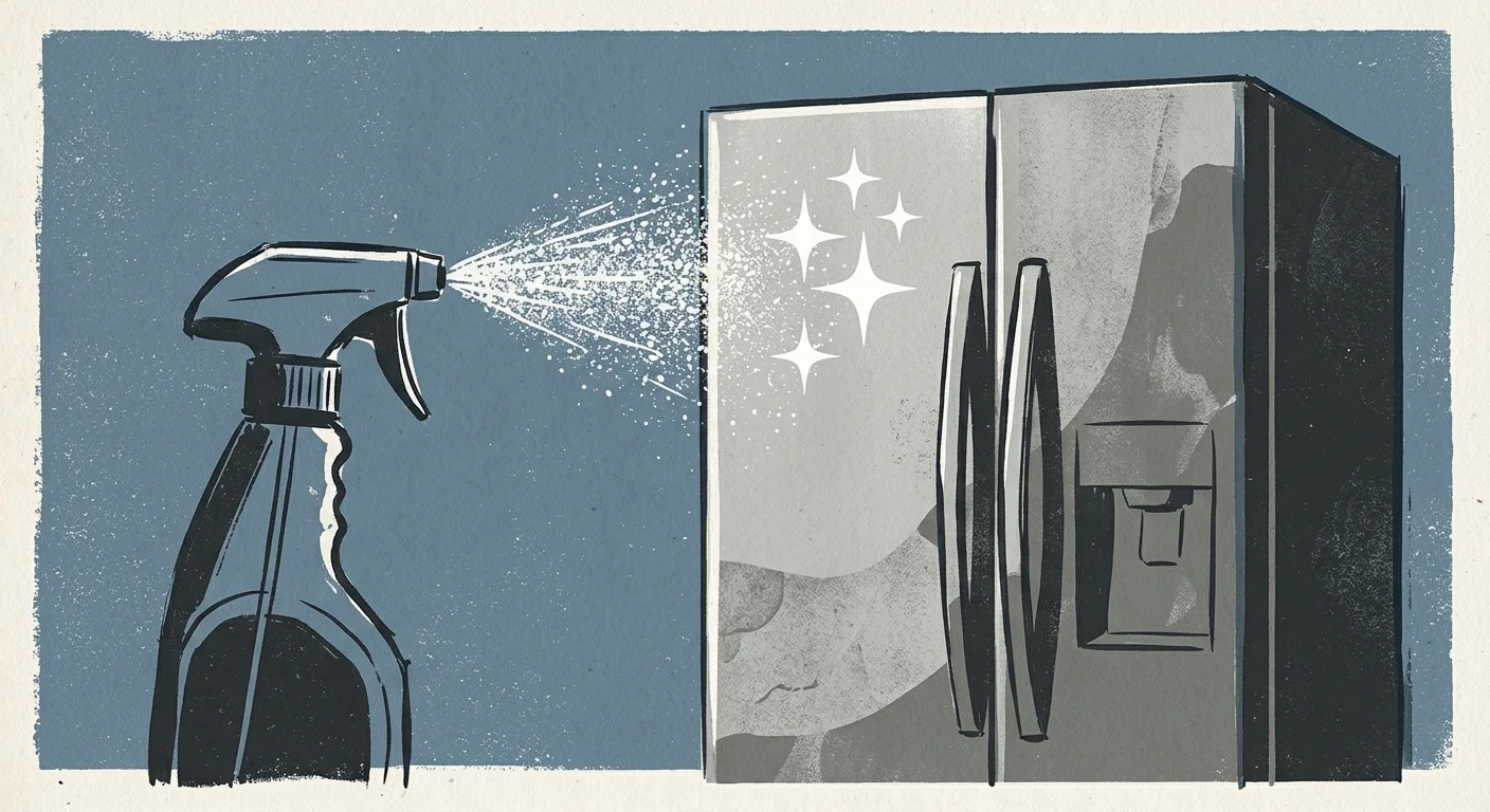 Screenprint illustration of a stainless steel surface being sprayed, with bright star reflections.