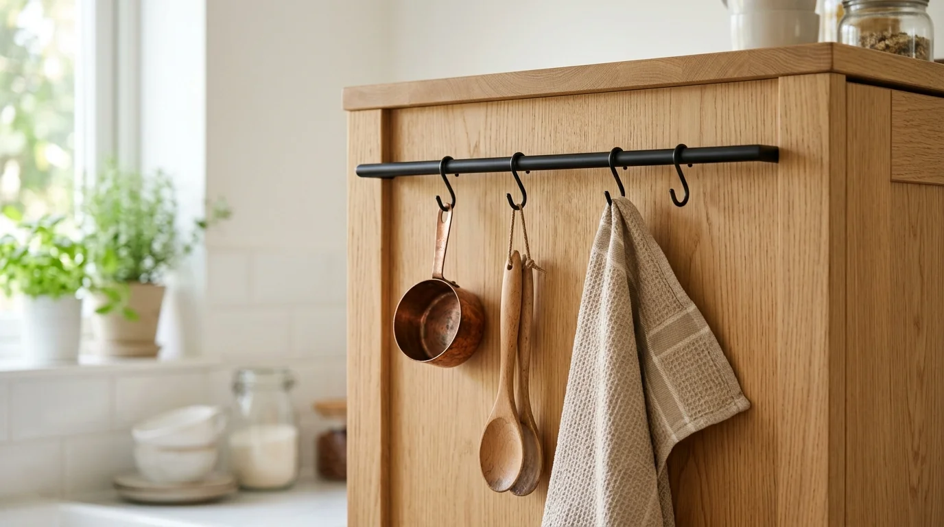 Side panel of a wooden kitchen cabinet fitted with a black metal rail and hooks holding small kitchen tools.