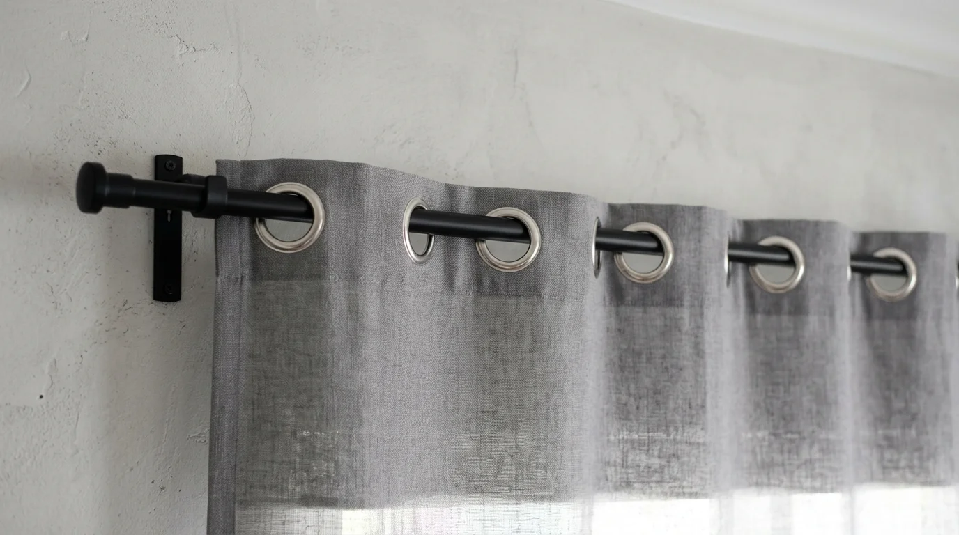 Silver grommets on a grey curtain rod pulled completely flat and straight without any natural waves.