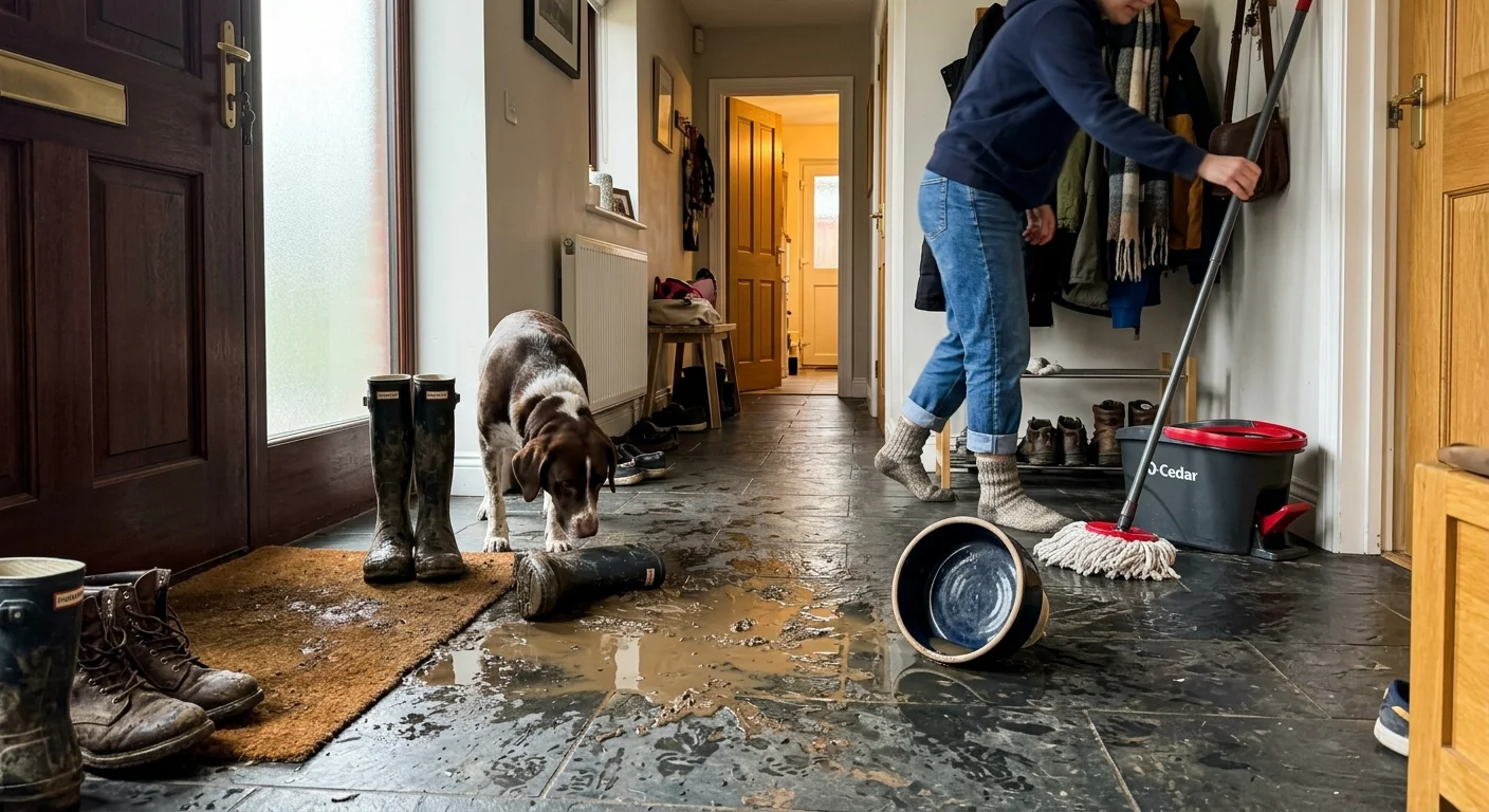 A person mops muddy puddles on a slate hallway floor next to an overturned pet bowl, dirty boots, and a dog.