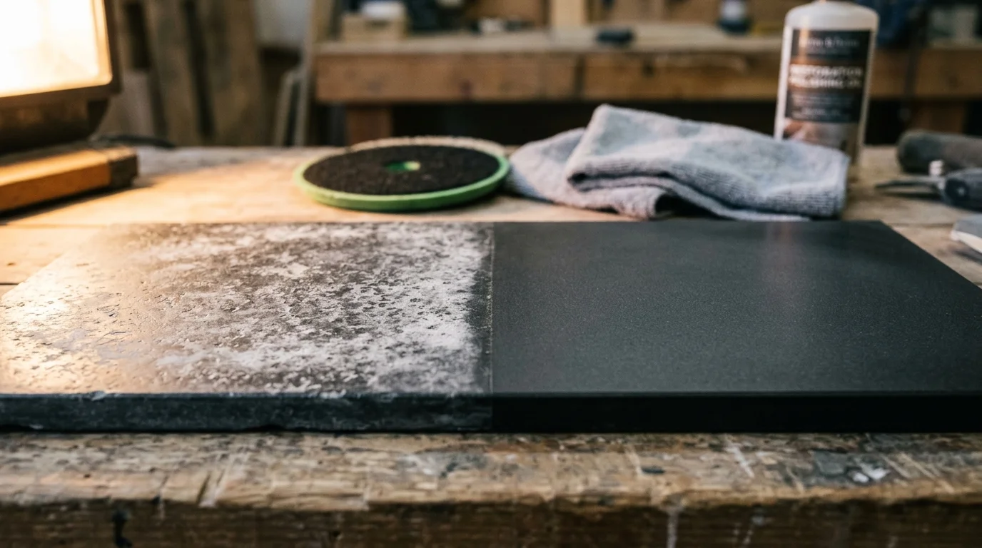 A rectangular dark stone slab split between a rough, chalky etched surface on the left and a smooth finish on the right.