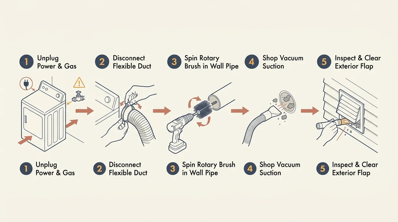 A five-step diagram illustrating how to safely disconnect, brush, vacuum, and inspect a dryer vent system.