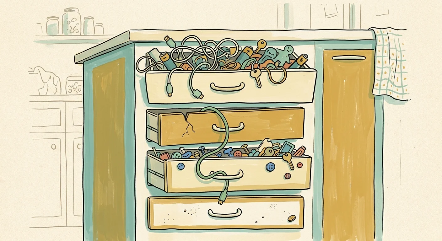 Stylized illustration of a kitchen cabinet where clutter from the top drawer is creeping down into the lower drawers.