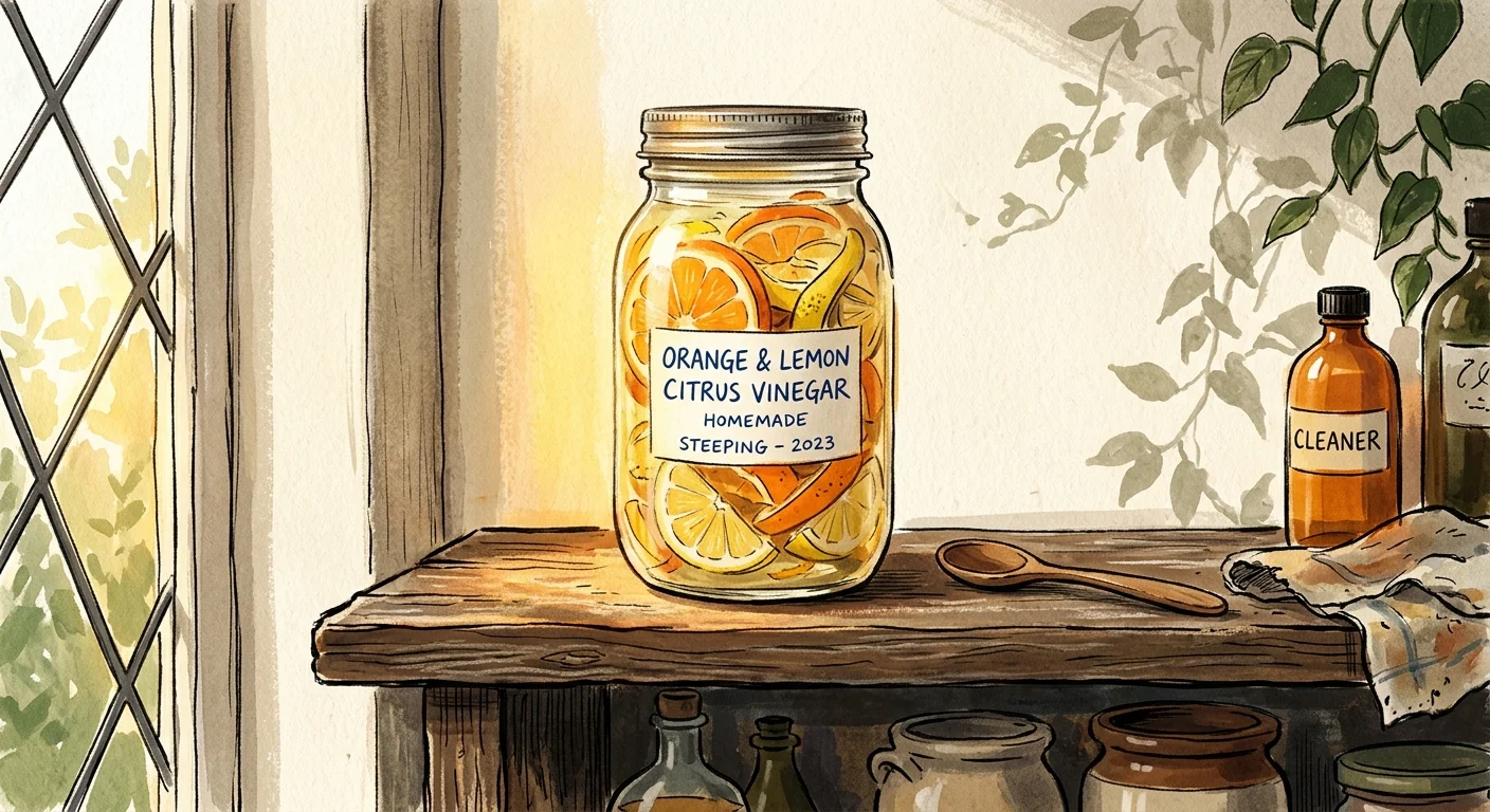 Textured gouache illustration of orange and lemon peels steeping in a glass jar on a wooden pantry shelf.
