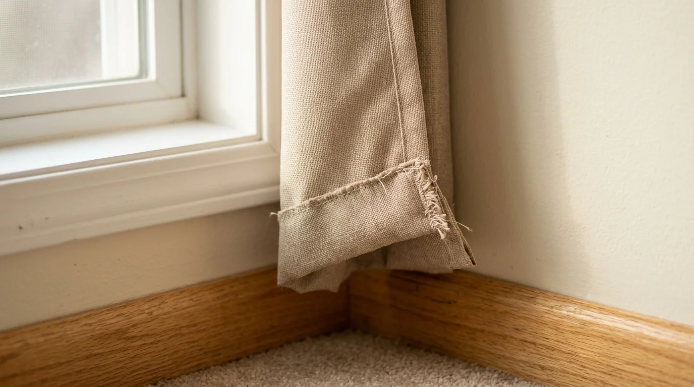 The bottom hem of a stiff curtain panel flaring awkwardly outward in an A-shape against a wall.