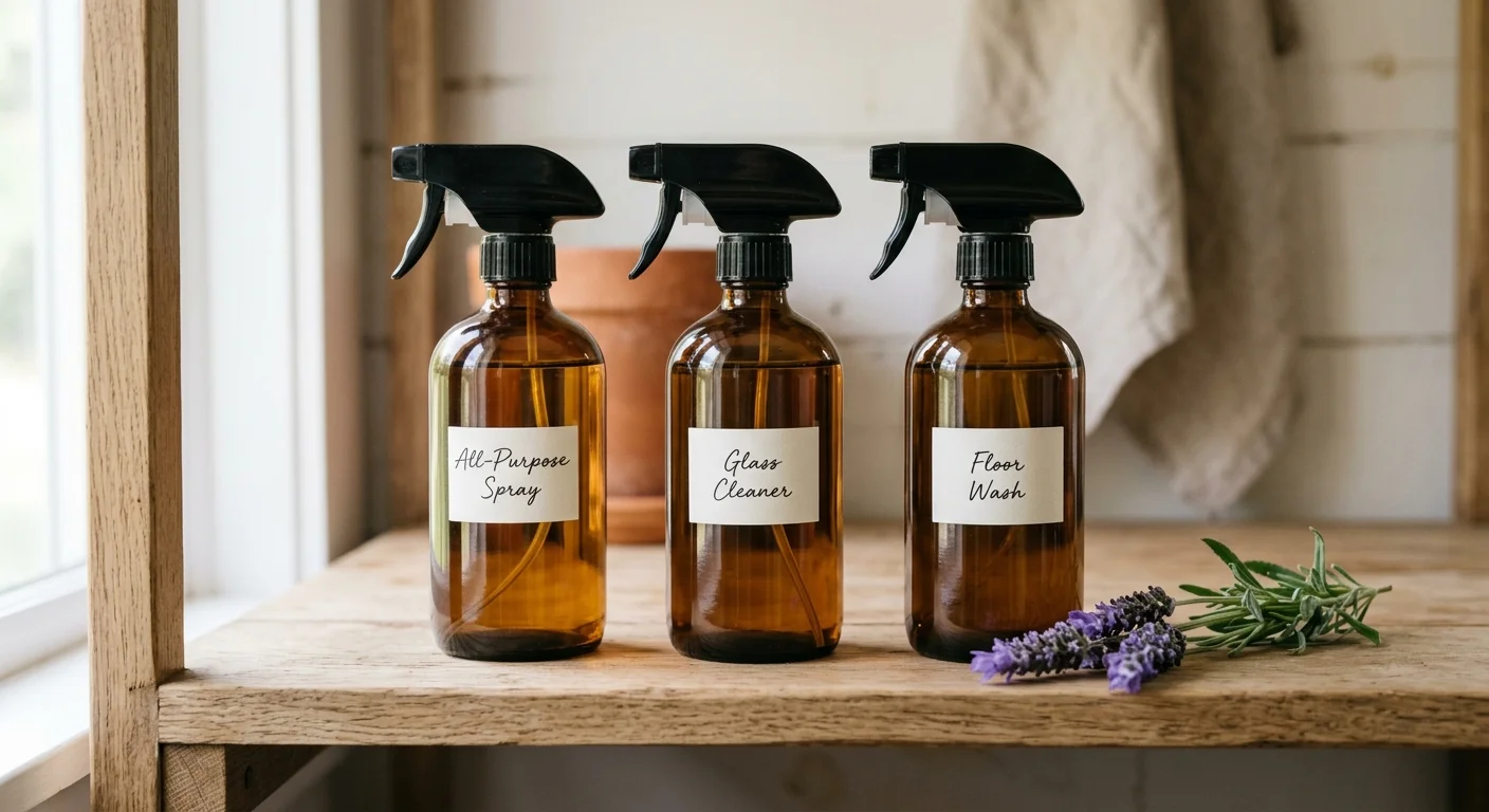 Three amber glass spray bottles with handwritten paper labels sitting neatly on a minimalist wooden shelf.