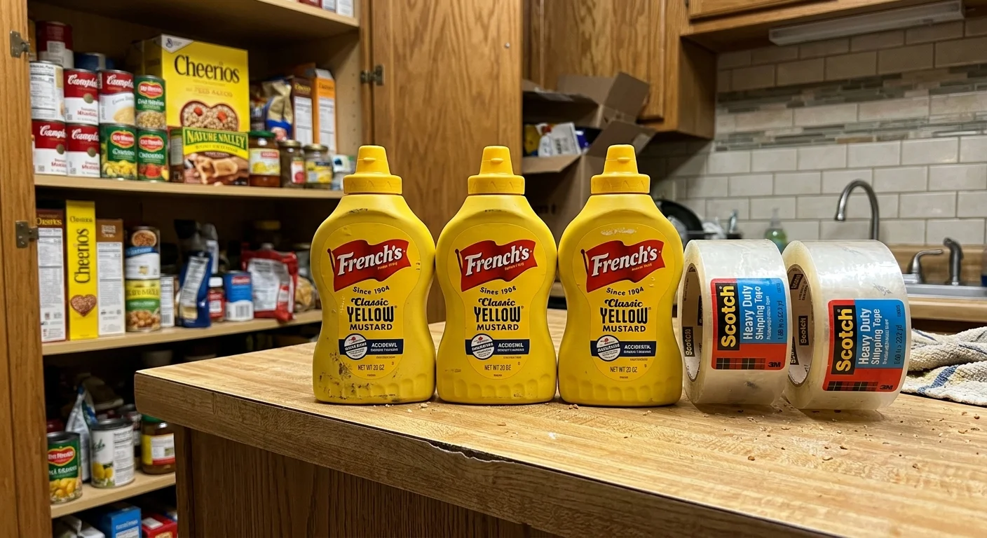 Three identical mustard bottles and two rolls of packing tape lined up on a kitchen counter, showing accidental duplicates.