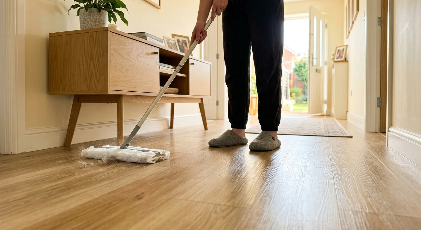 A person wearing slippers sweeps a light wood floor in a hallway using a flat dry dusting mop.