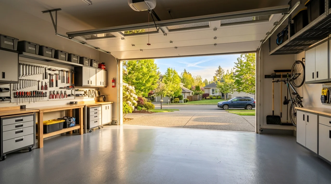 View from inside a clean, organized garage looking out through an open garage door to a sunny driveway.