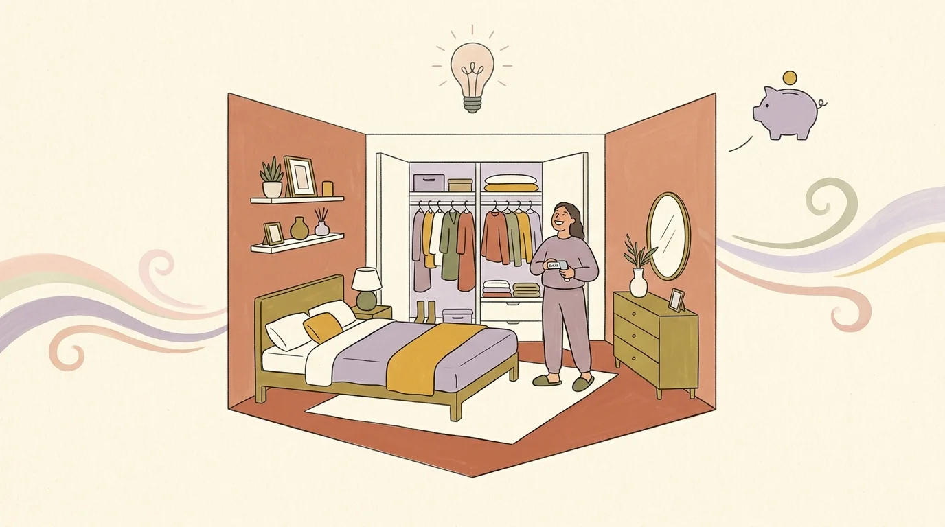 Illustration of a woman in a tidy bedroom with an organized closet, flanked by a lightbulb and piggy bank icon.