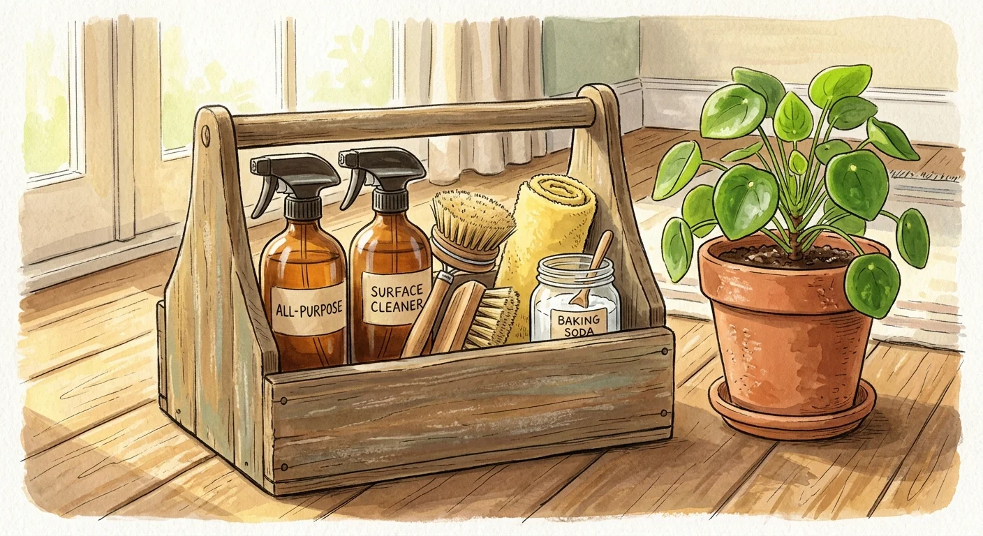 Warm gouache illustration of a wooden cleaning caddy stocked with glass spray bottles, brushes, and cloths.