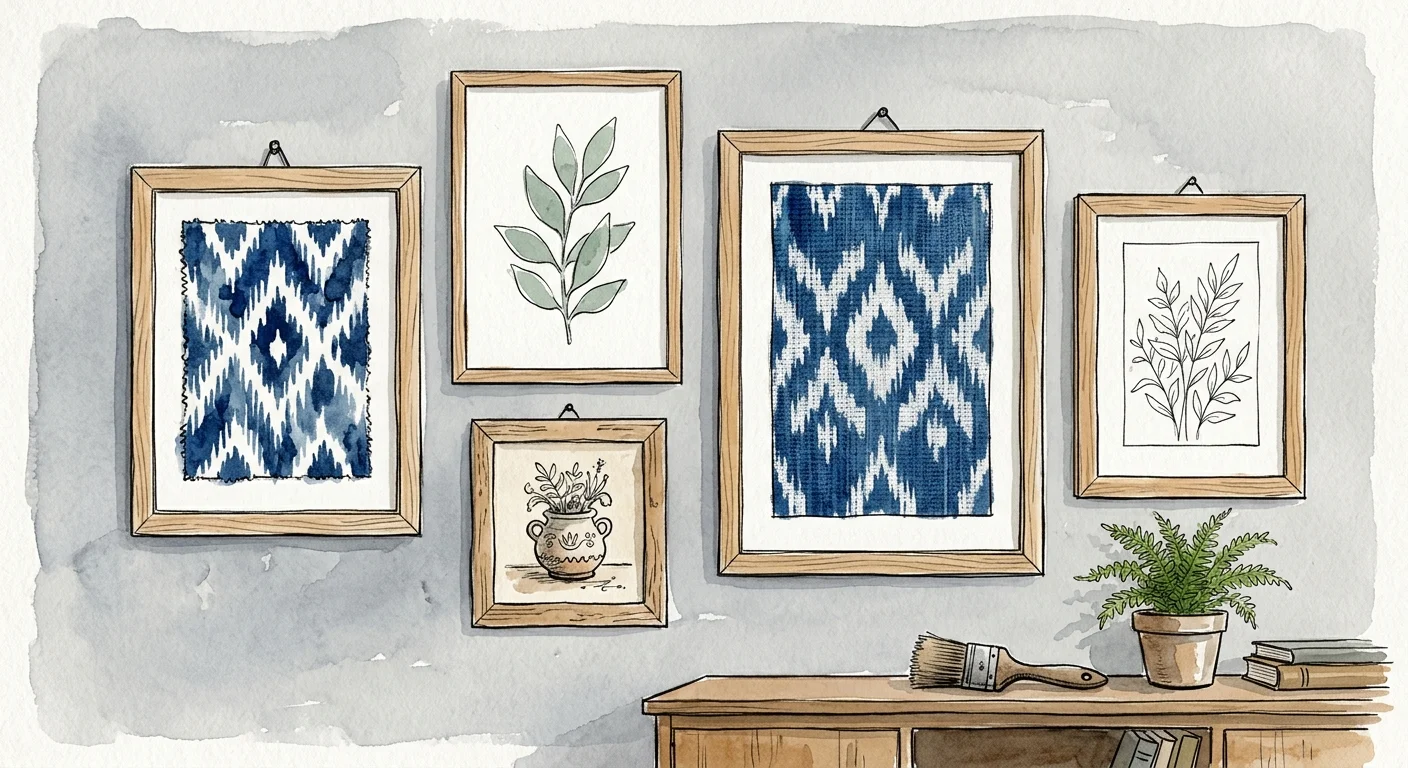 Watercolor drawing of a gallery wall with framed fabric swatches and simple botanical prints in light wood frames.