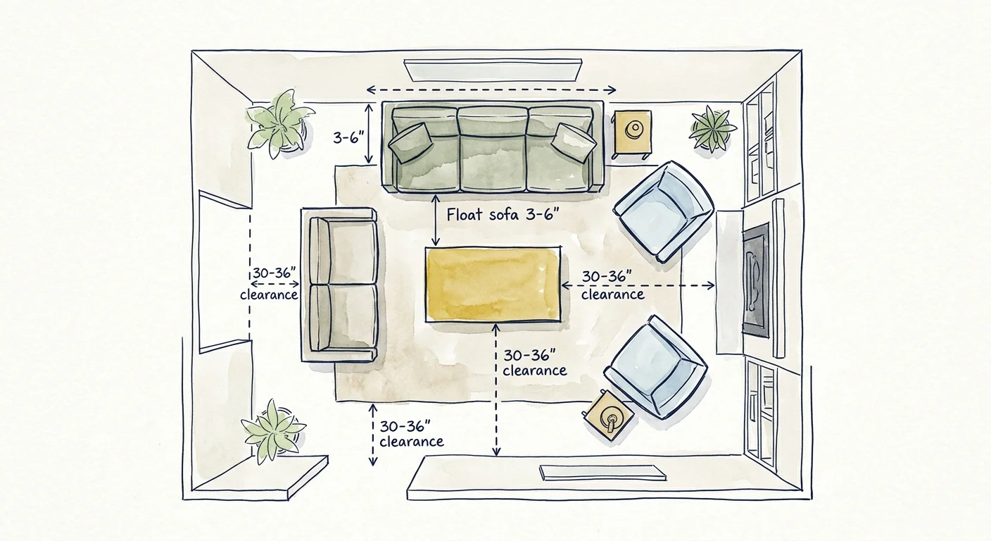 Watercolor floor plan diagram showing furniture floated away from walls with clear walking paths labeled with measurements.