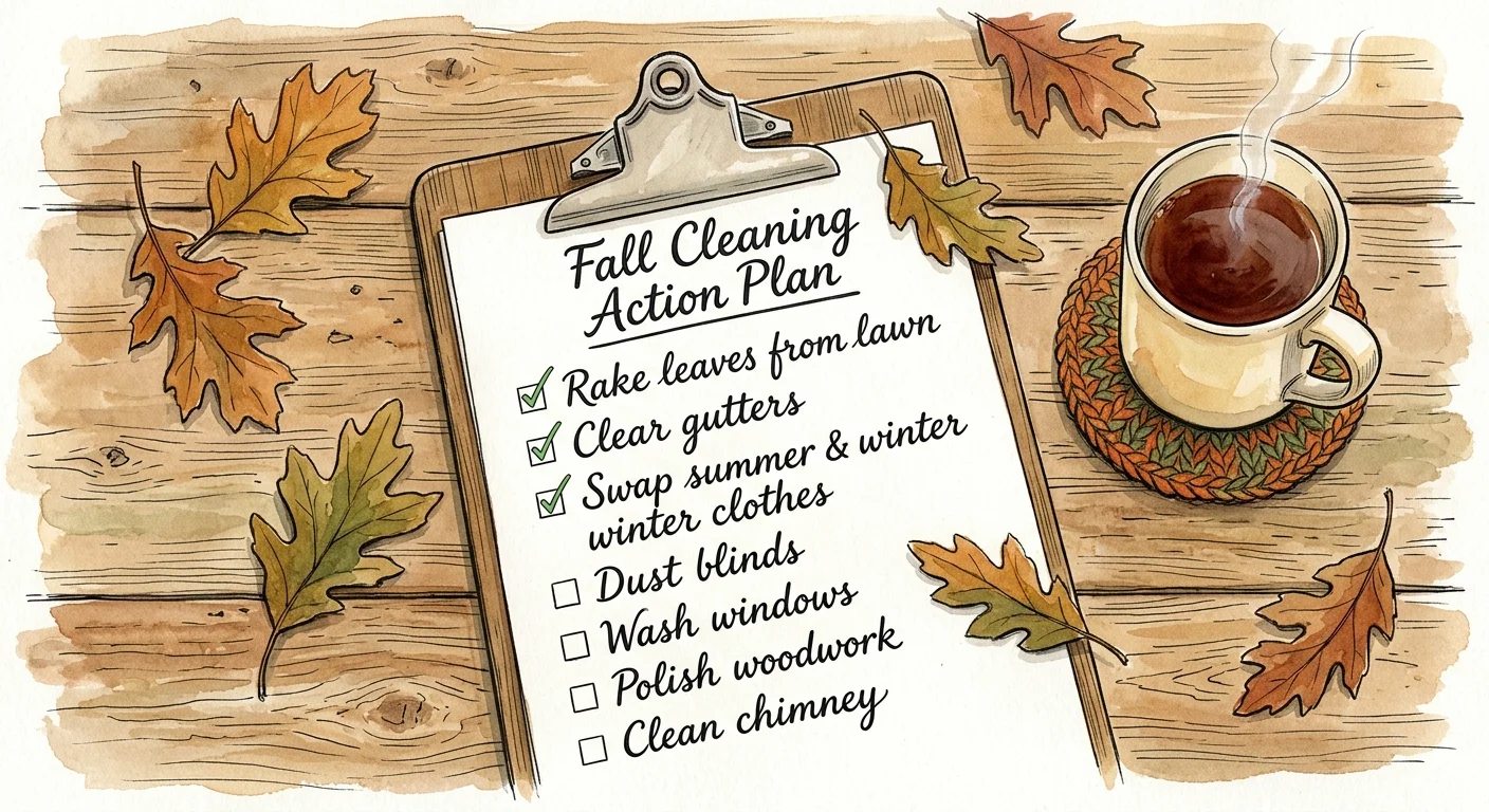 Watercolor illustration of a clipboard with a 'Fall Cleaning Action Plan' checklist next to a warm mug of tea.
