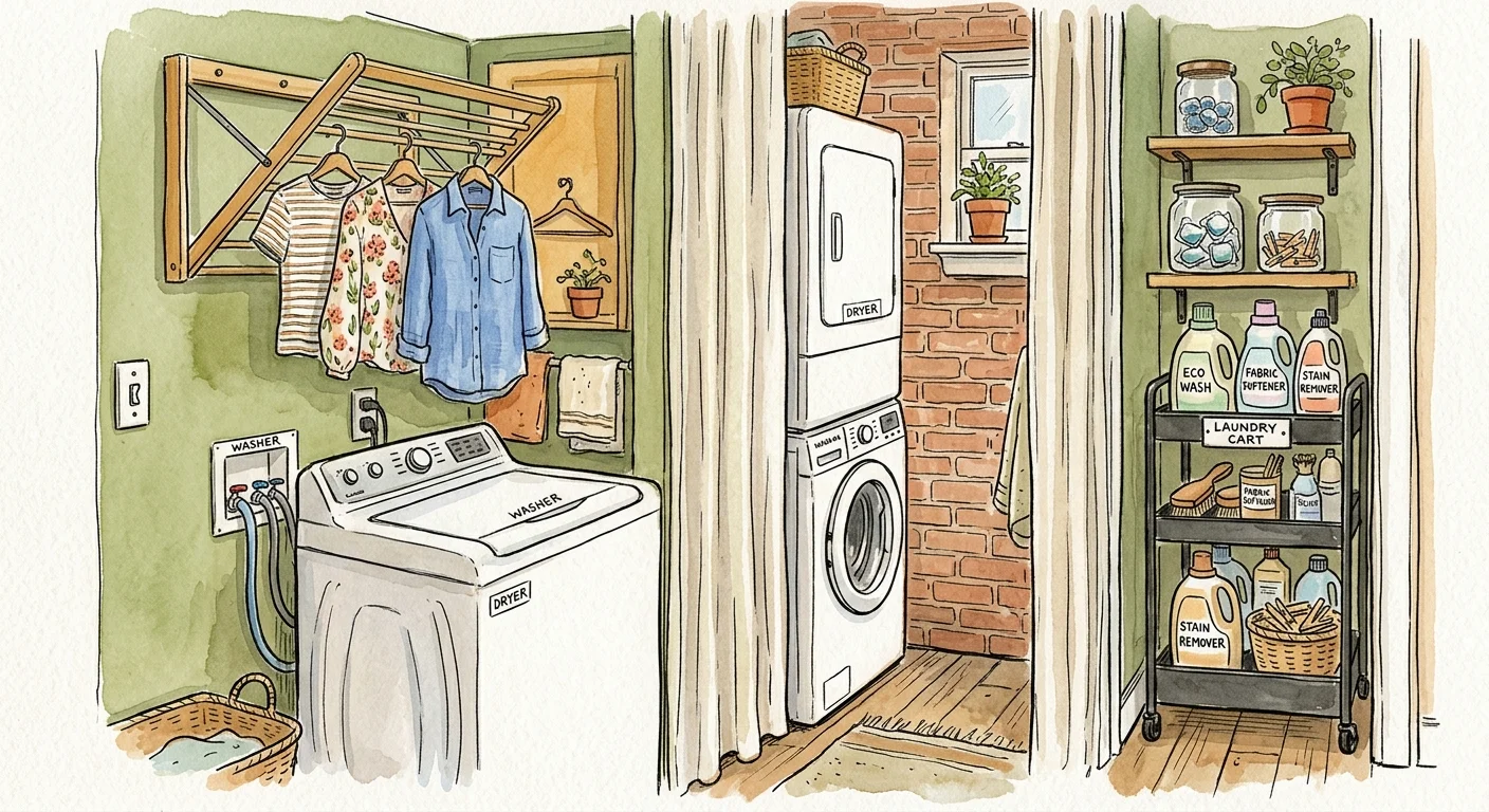 Watercolor illustration of a compact laundry closet with a wall-mounted drying rack and a slim slide-out storage cart.