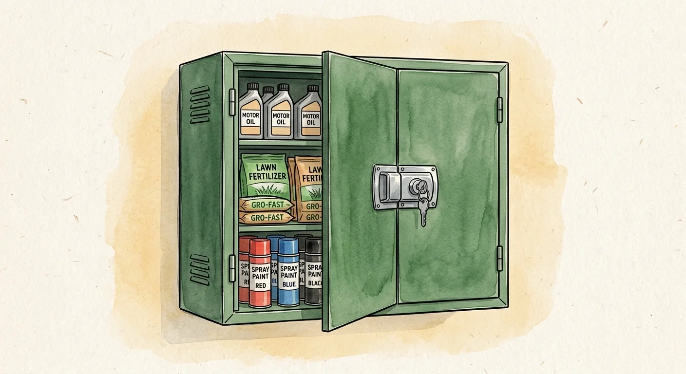 Watercolor illustration of a green, lockable metal safety cabinet with ventilation slats, holding garden chemicals.
