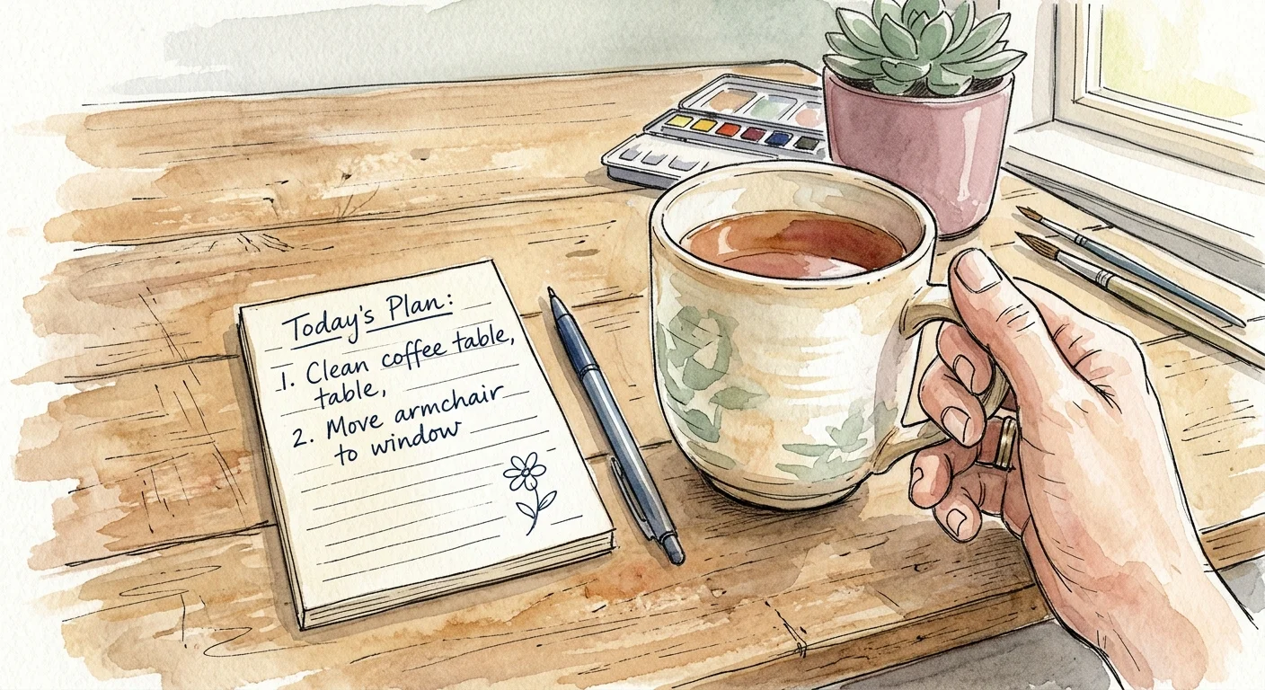 Watercolor illustration of a hand holding a mug next to a notepad with a simple room refresh to-do list.