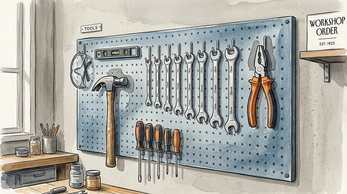 Watercolor illustration of a metal pegboard with hung hand tools and painted silhouette outlines for organization.