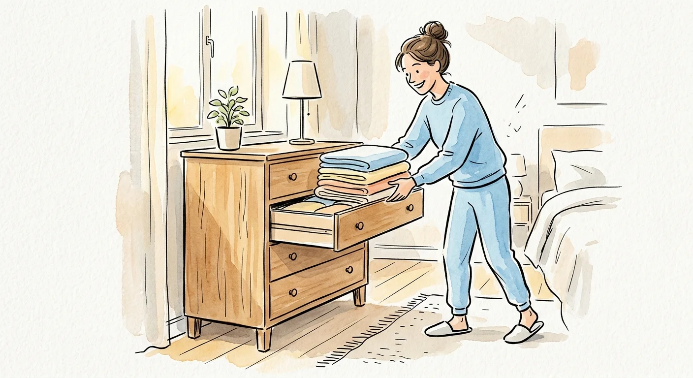 Watercolor illustration of a person placing a neat stack of folded linens into a clean wooden dresser drawer.