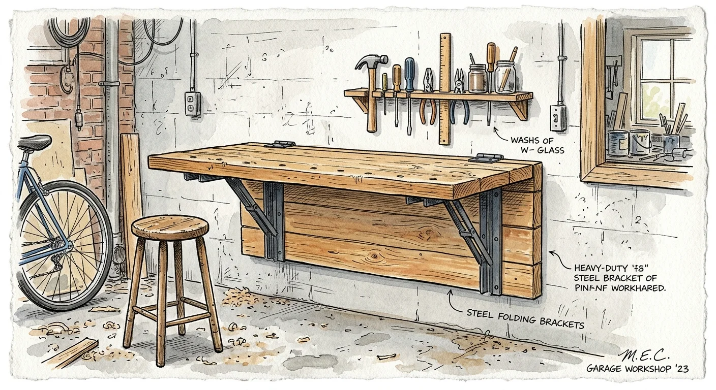 Watercolor illustration of a space-saving wooden workbench folded flat against a garage wall with steel hinges.