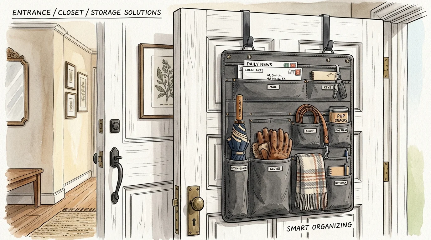 Watercolor illustration of a structured gray canvas organizer hanging on the back of an open white door, neatly holding accessories.