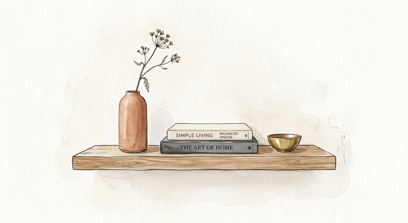 Watercolor illustration of a wooden shelf styled with three items of varying heights: a vase, books, and a brass bowl.