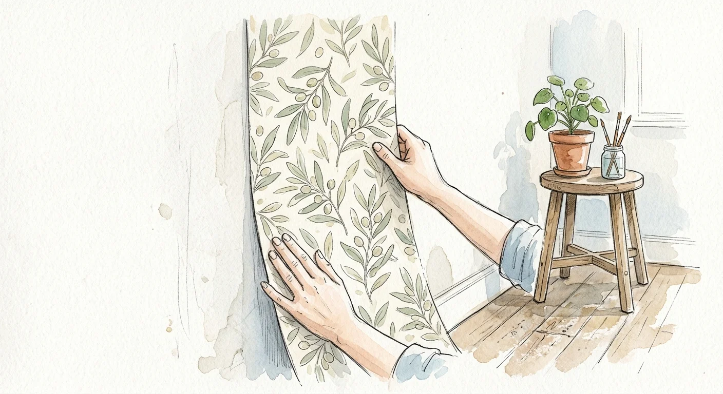 Watercolor illustration of hands applying a botanical peel-and-stick wallpaper pattern to a room corner.