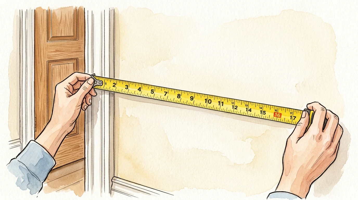 Watercolor illustration of hands holding a yellow measuring tape against a wall, representing the practical first step of measuring space.
