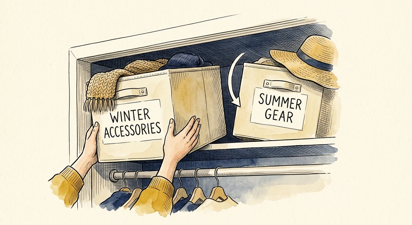 Watercolor illustration of seasonal storage boxes labeled Winter and Summer, depicting the process of rotating seasonal clothing.