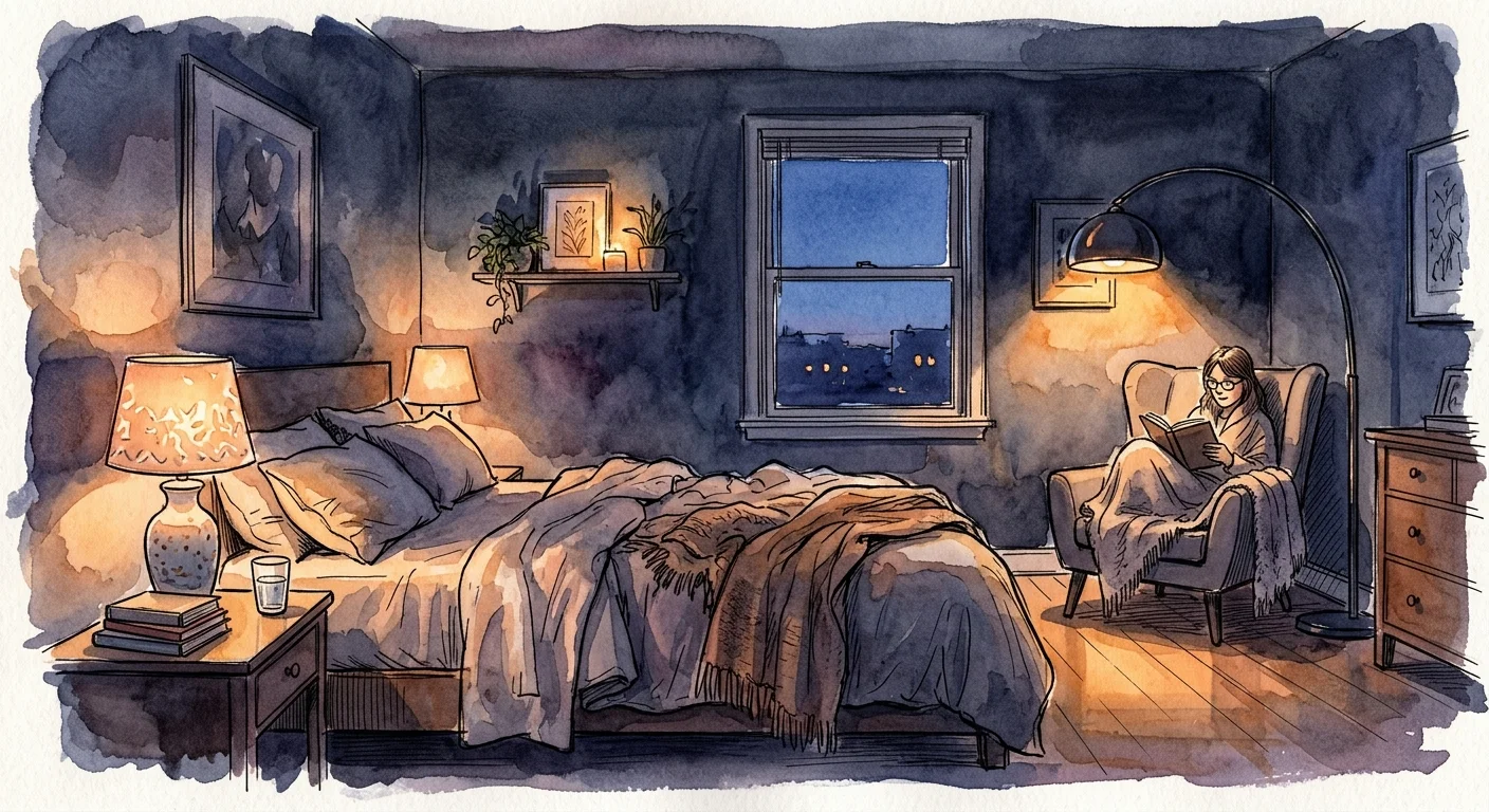 Watercolor sketch of a bedroom at night with layered lighting from a warm bedside lamp and a cozy reading light.