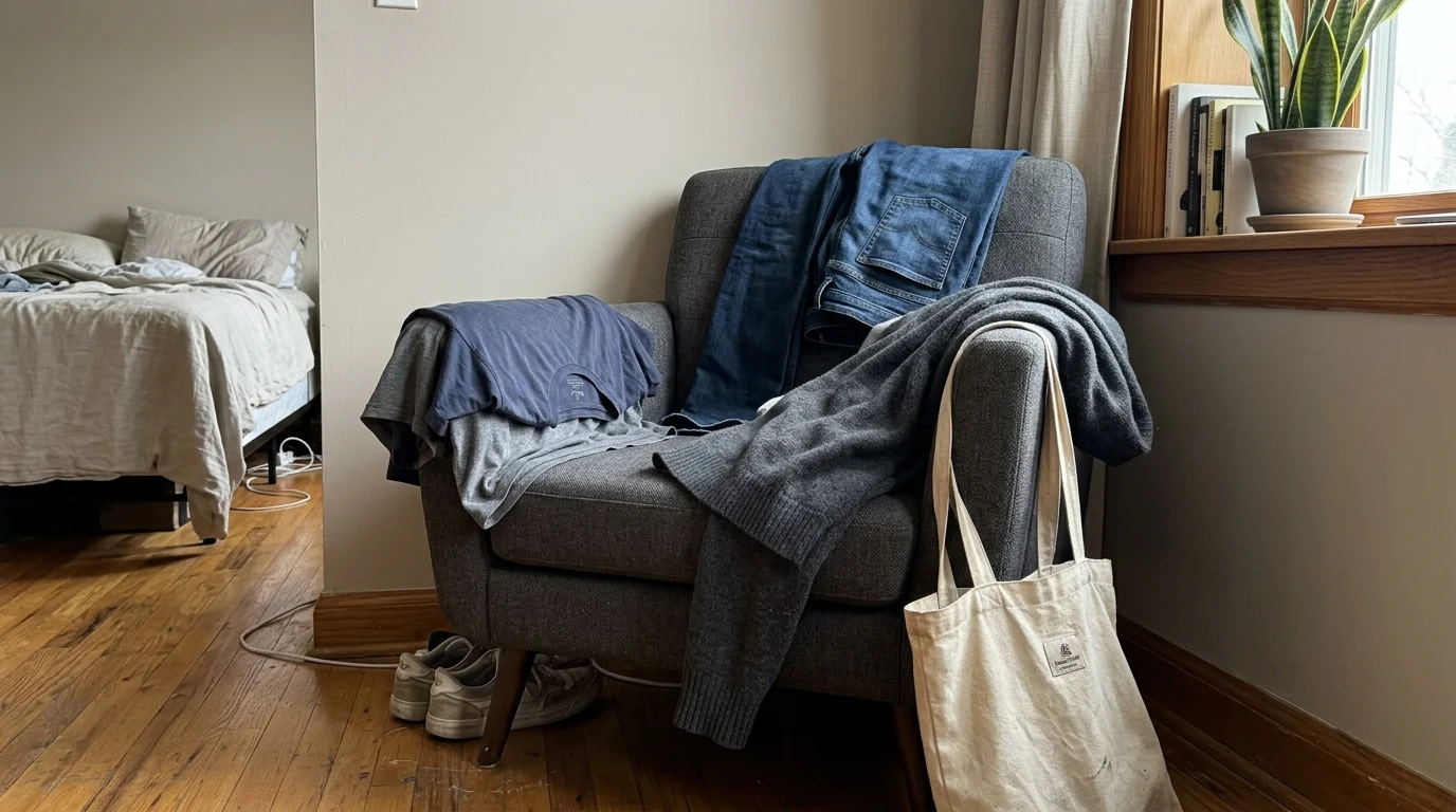 A gray armchair cluttered with jeans, shirts, a sweater, and a tote bag in a bedroom near an unmade bed.