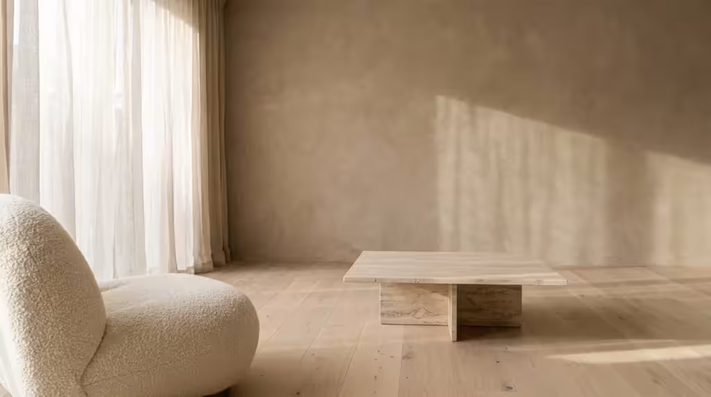 Minimalist living space with a textured bouclé chair, travertine coffee table, sheer curtains, and plastered wall.