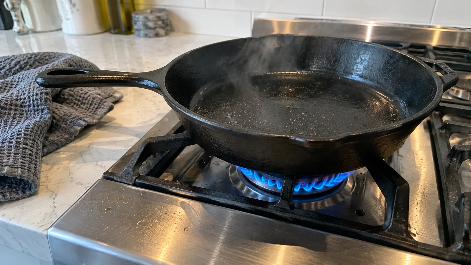Black cast iron skillet heating over a blue gas flame on a stainless steel stove as steam rises from the pan.