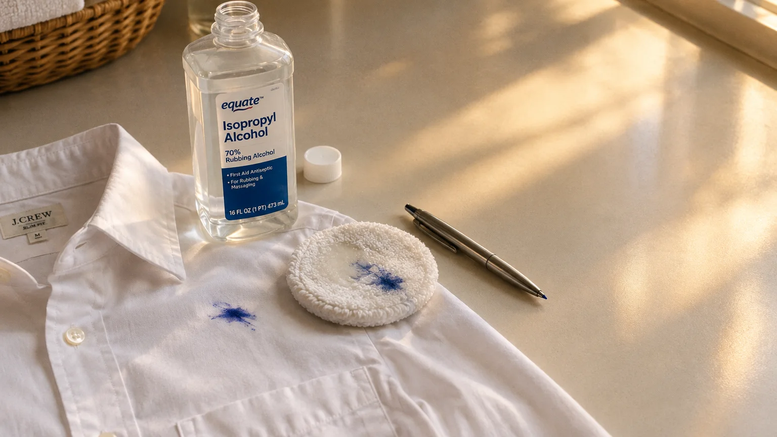 Bottle of isopropyl alcohol beside an ink-stained white shirt, pen, and a cotton pad with blue ink.