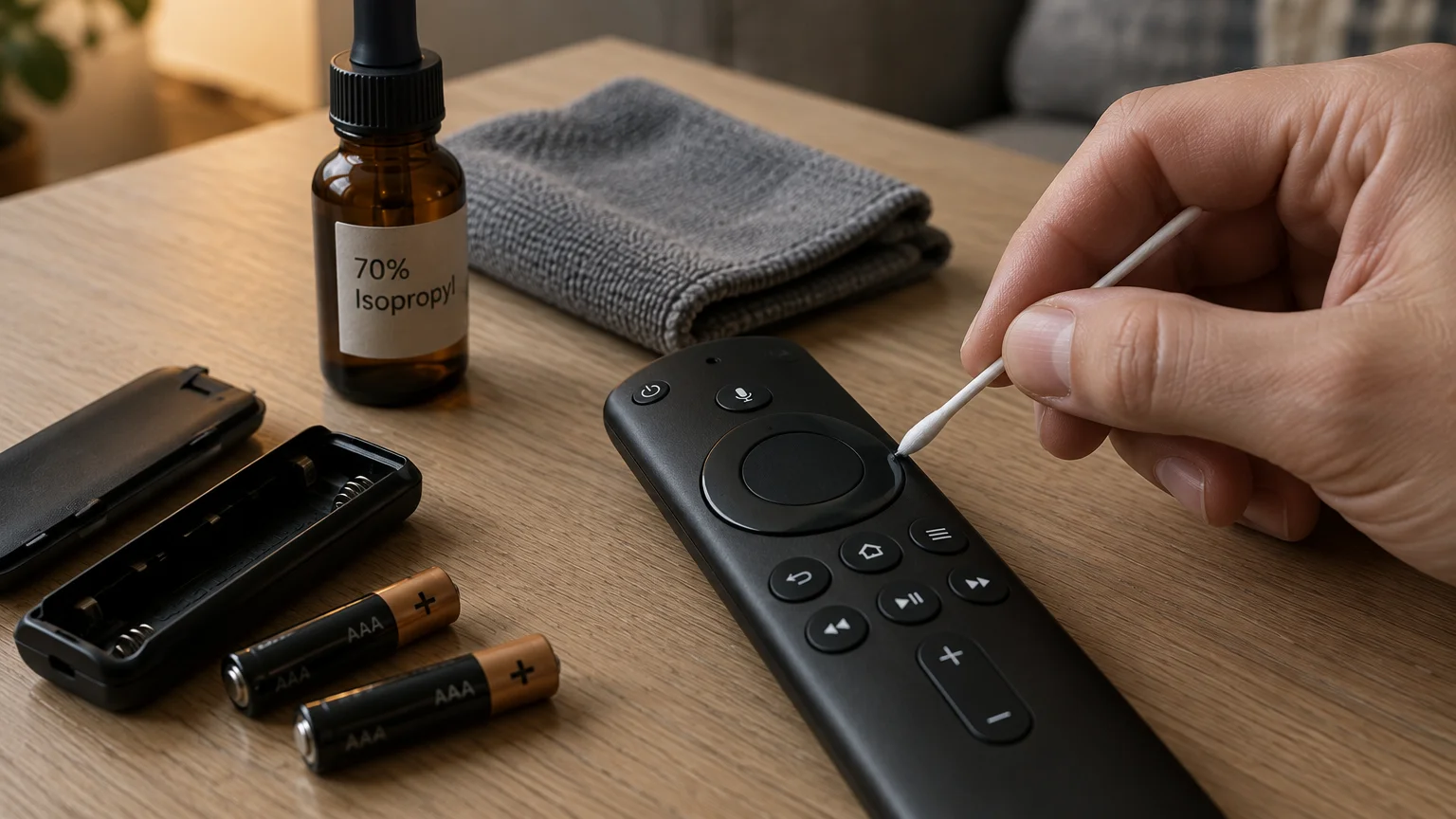 A person using a cotton swab to clean a black remote control next to isopropyl alcohol, a cloth, and batteries.