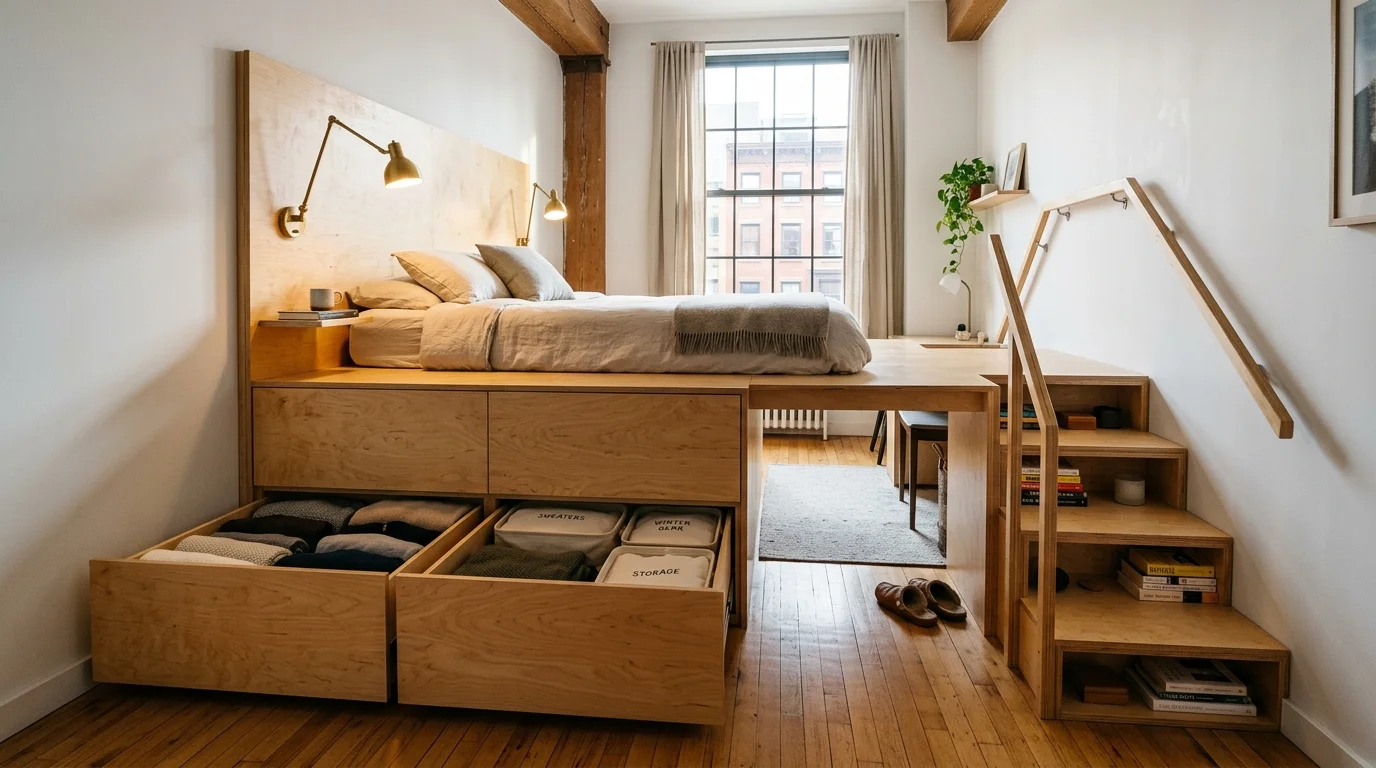 Wooden elevated platform bed with open under-bed storage drawers and stairs with cubby shelves in a bedroom.