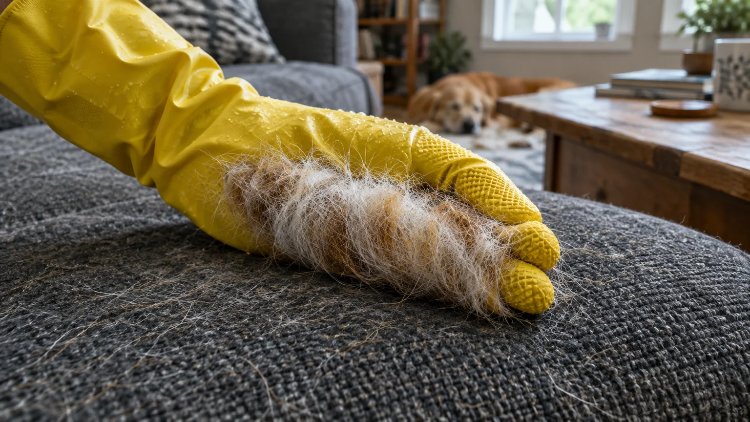 A yellow rubber glove gathering a thick strip of pet hair across a gray fabric sofa, with a dog resting in the background.