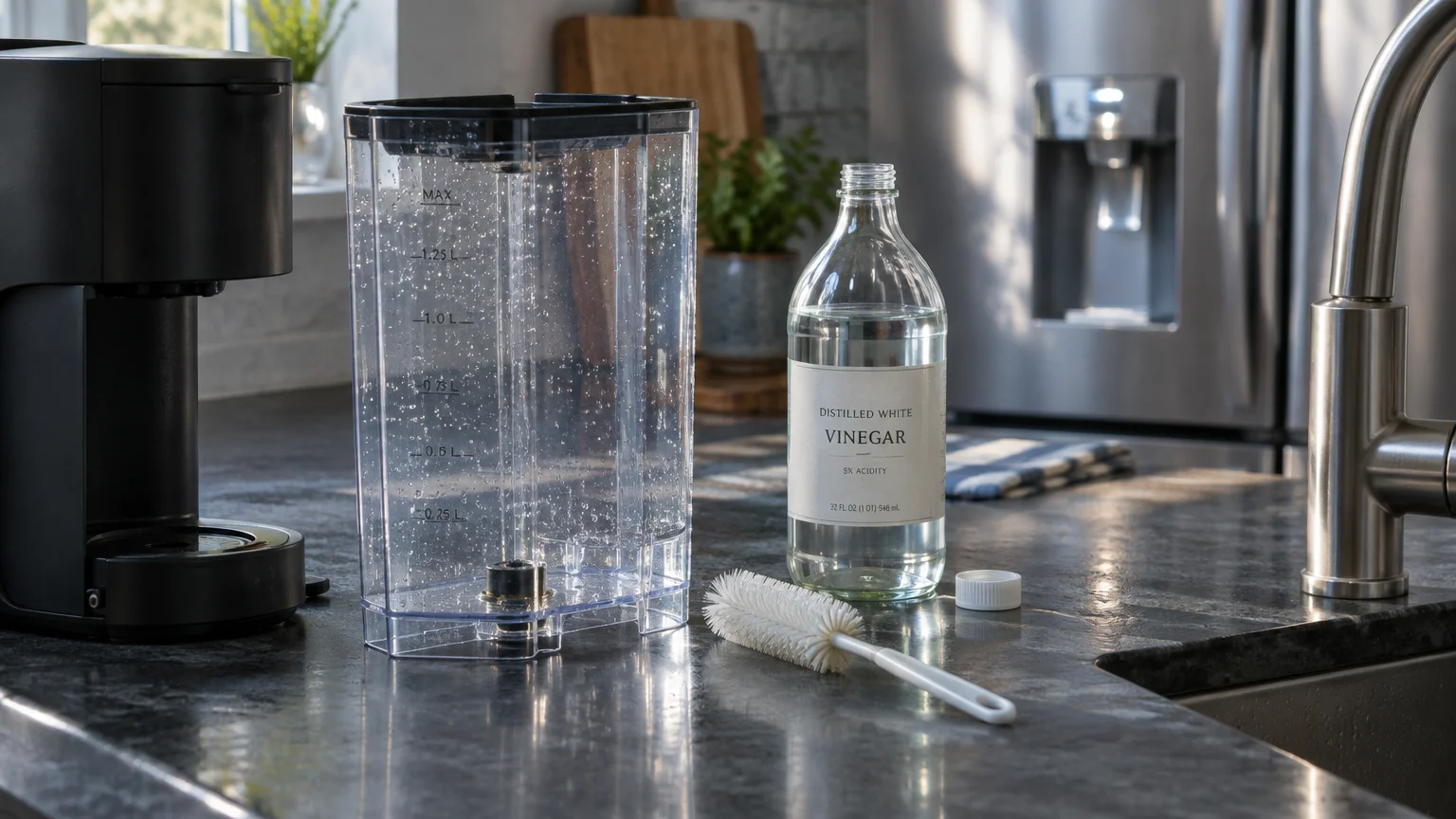 A clear coffee maker reservoir, bottle of distilled white vinegar, and bottle brush sitting on a dark kitchen countertop.