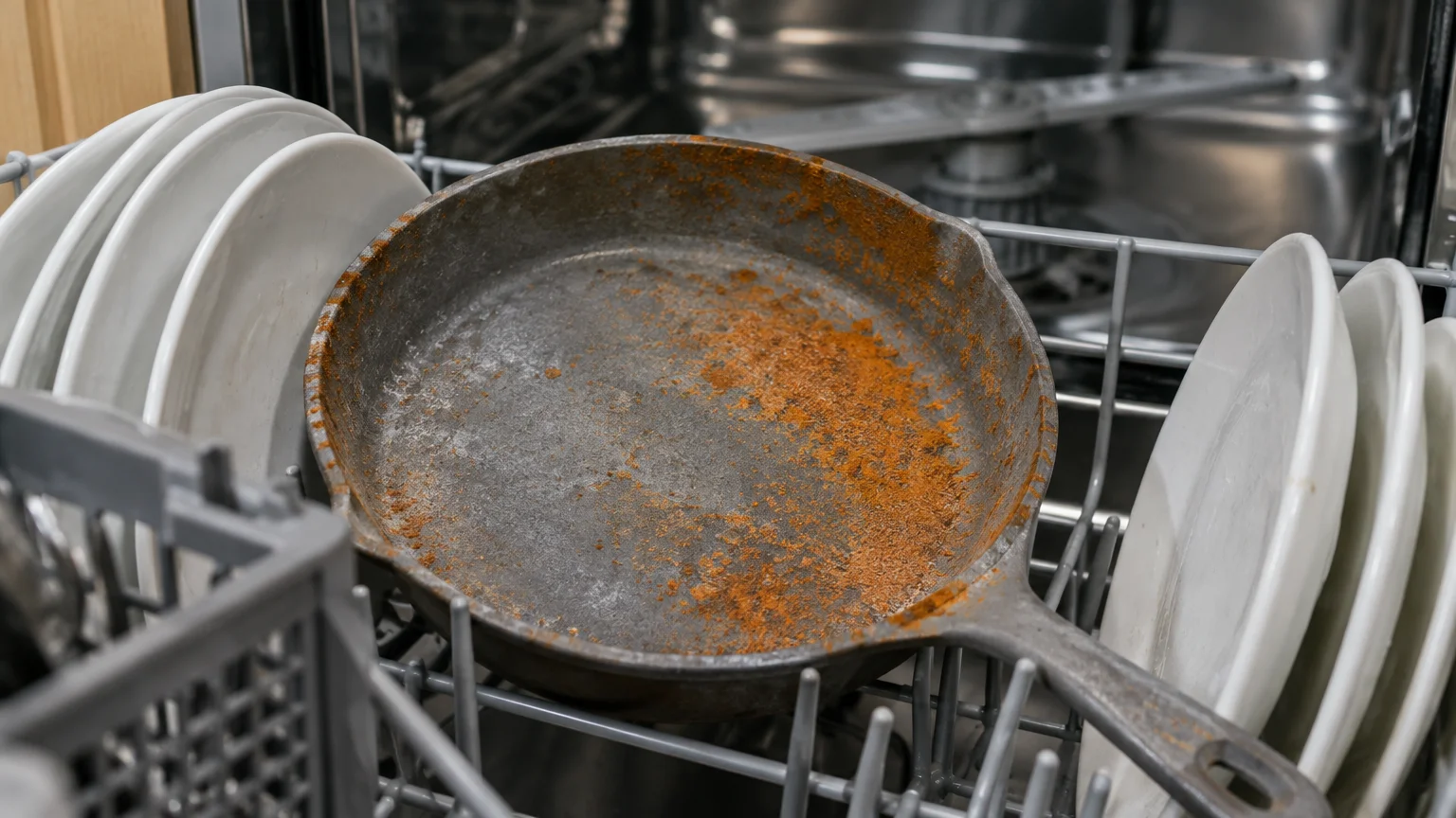 A rusted cast iron skillet sitting on the bottom rack of an open dishwasher alongside white plates.