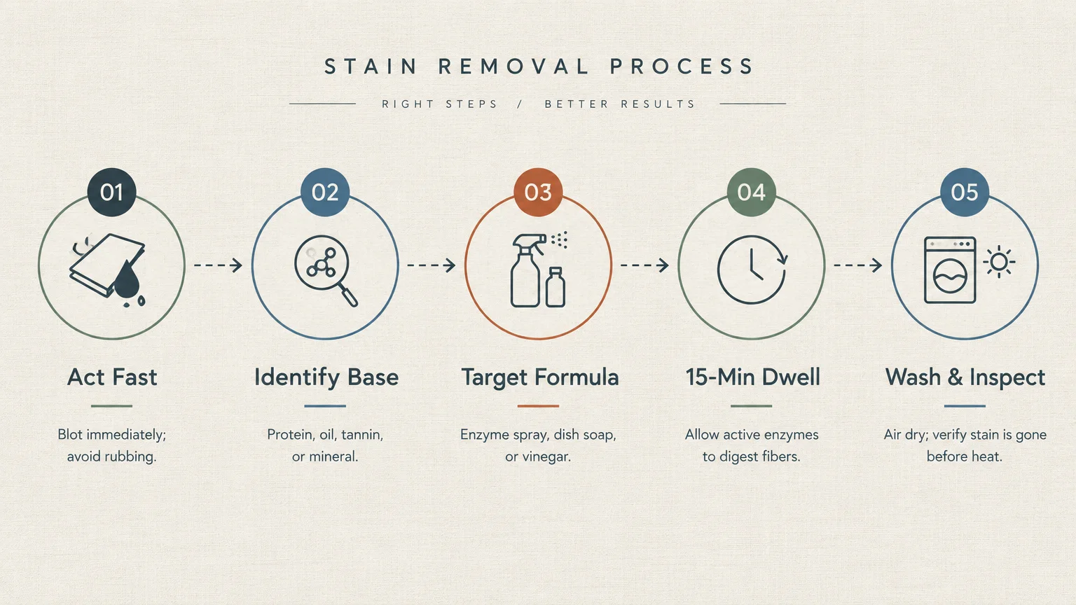 Diagram outlining a five-step stain removal process from Act Fast to Wash and Inspect with circular icons.