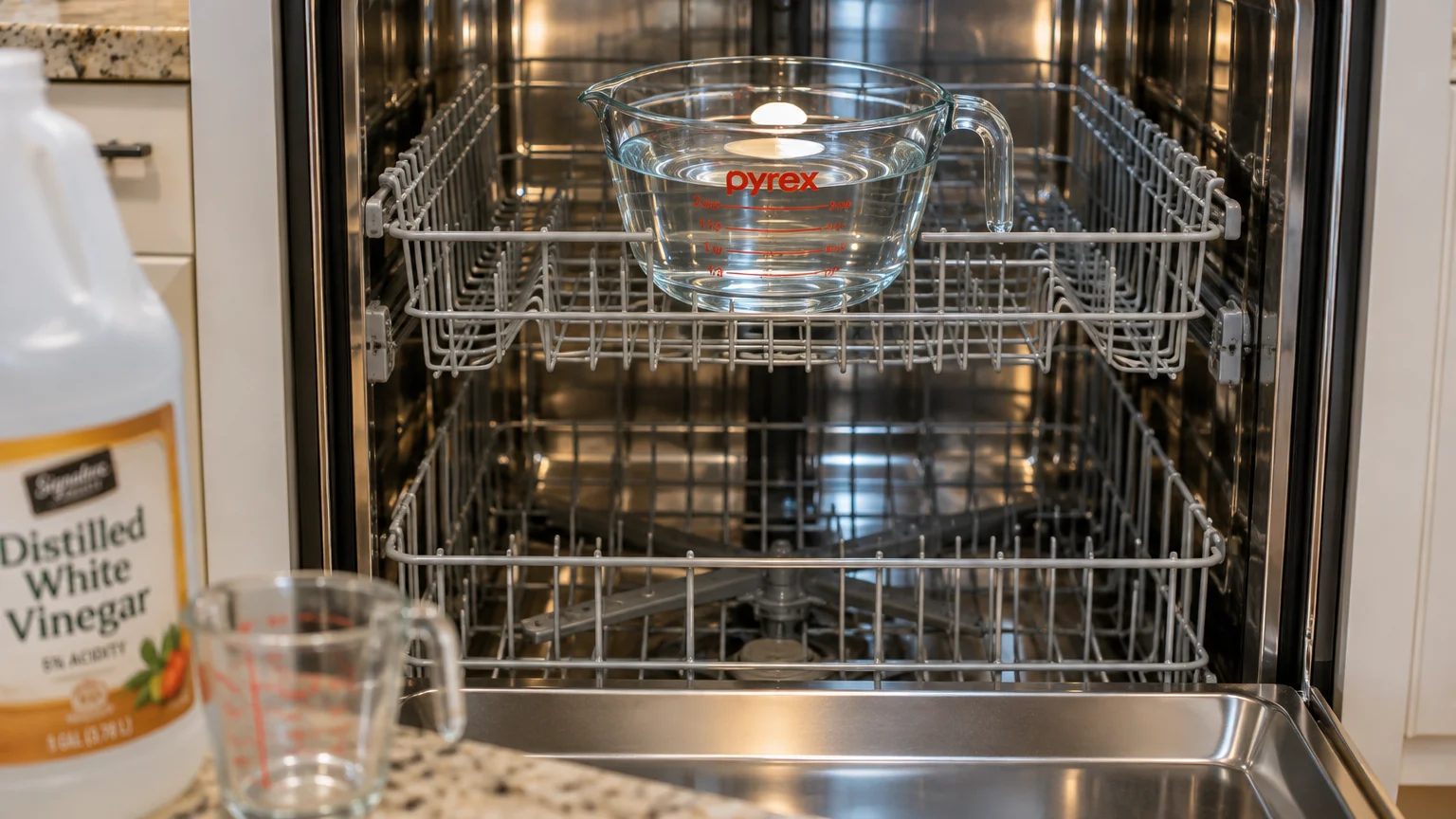 A glass measuring cup filled with liquid sits on the top rack of an open, empty dishwasher next to a jug of white vinegar.