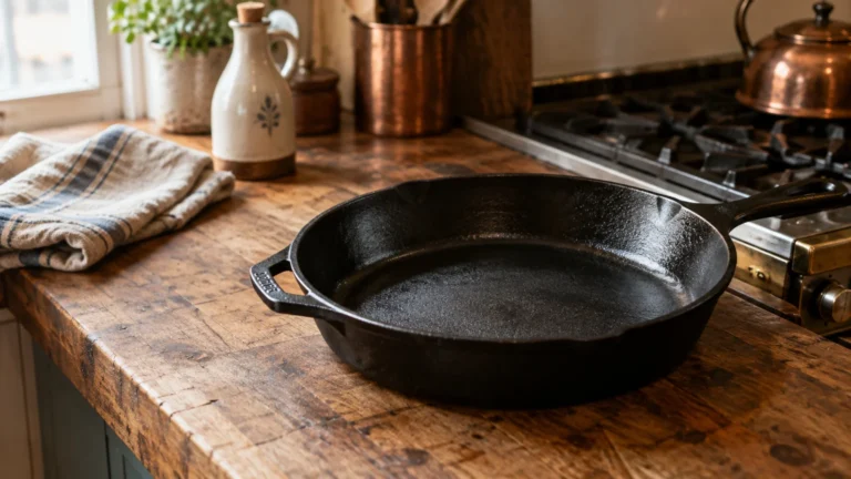 A clean, seasoned black cast iron skillet sits on a rustic wooden countertop next to a kitchen towel and stovetop.