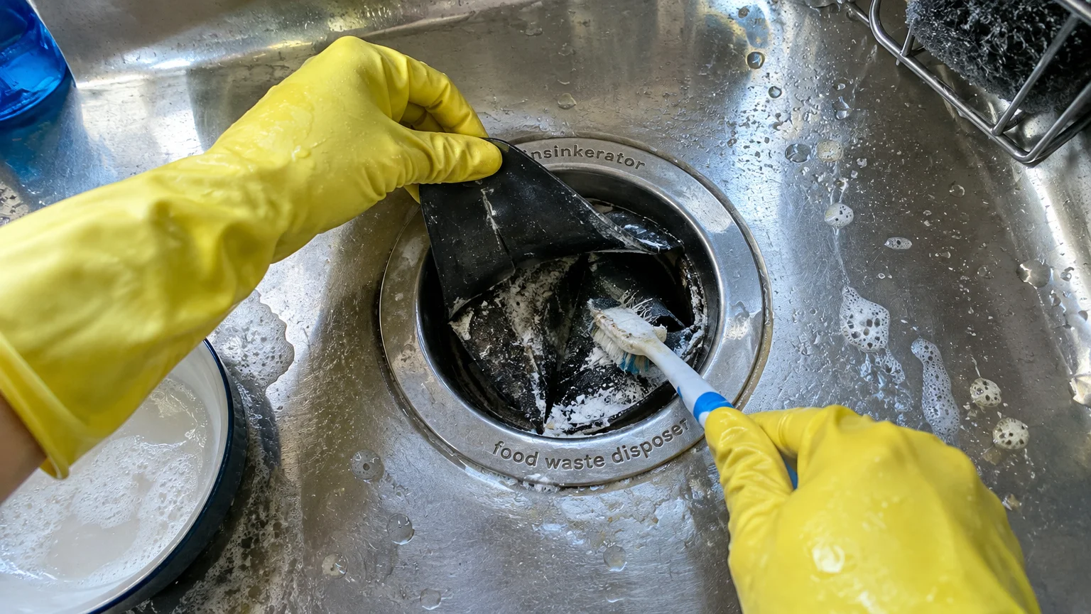 Person in yellow rubber gloves scrubbing the underside of a black garbage disposal splash guard with a toothbrush.