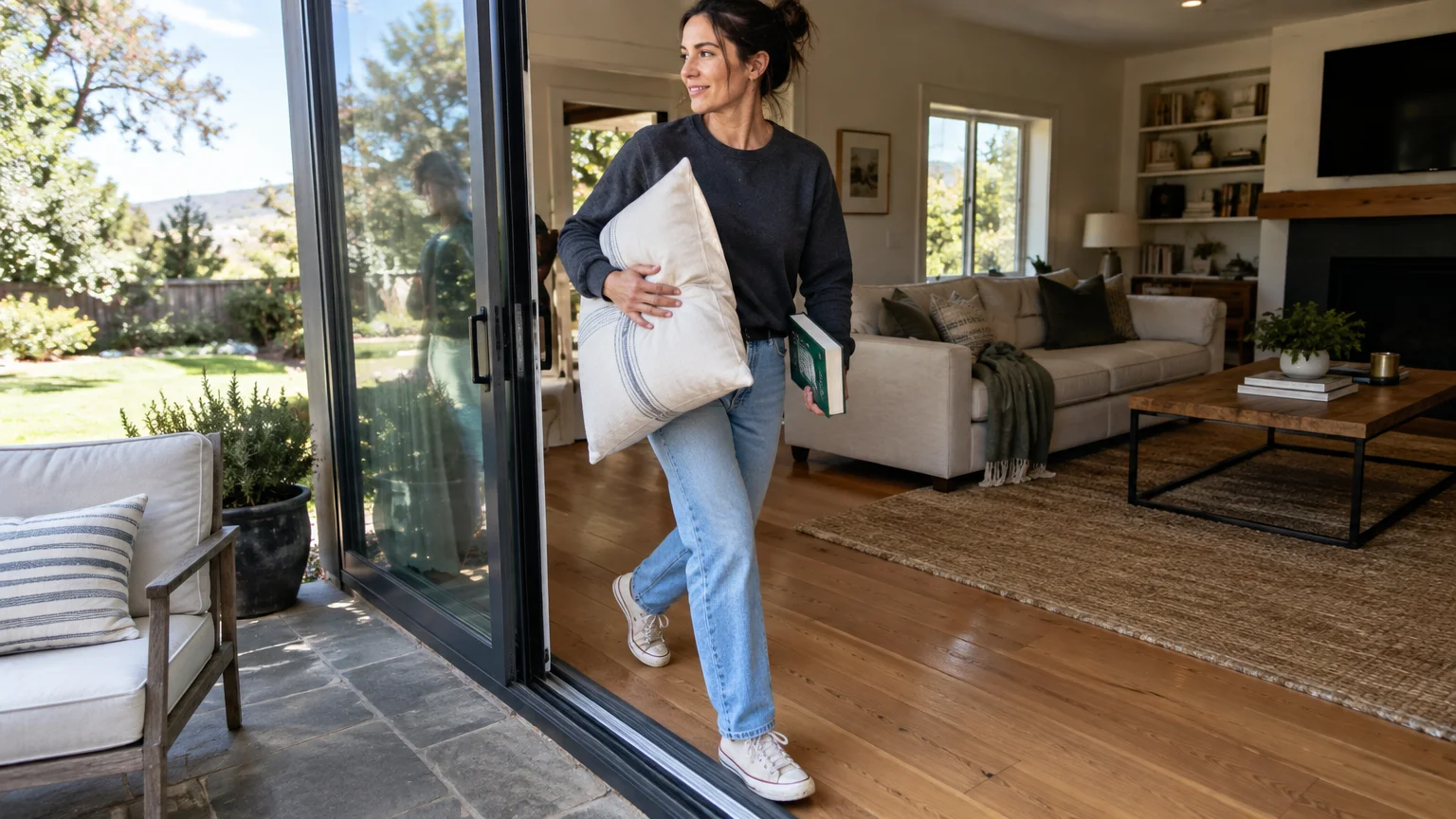 Woman carrying a pillow and a book walks inside through an open sliding glass patio door into a living room.