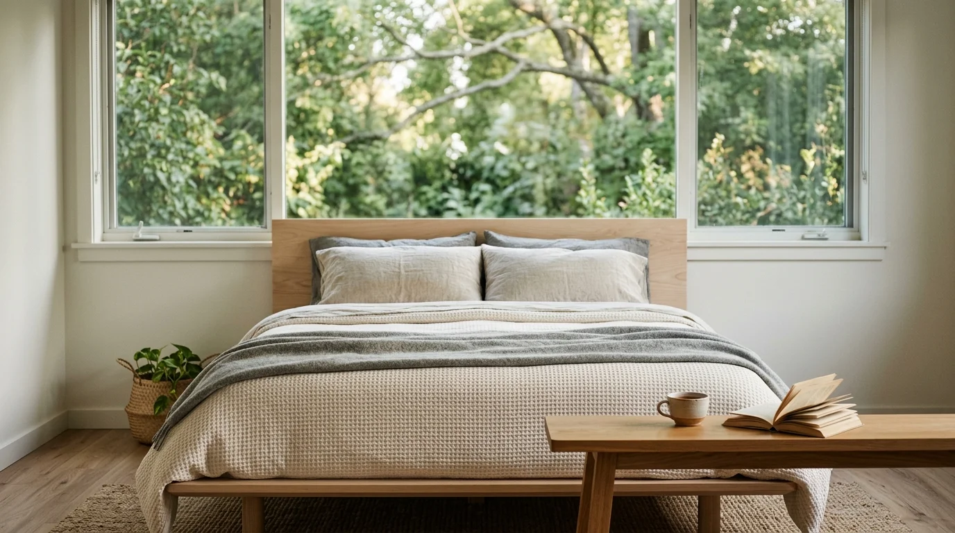 Wooden platform bed centered in front of a wide window overlooking green foliage, with a bench at the foot.