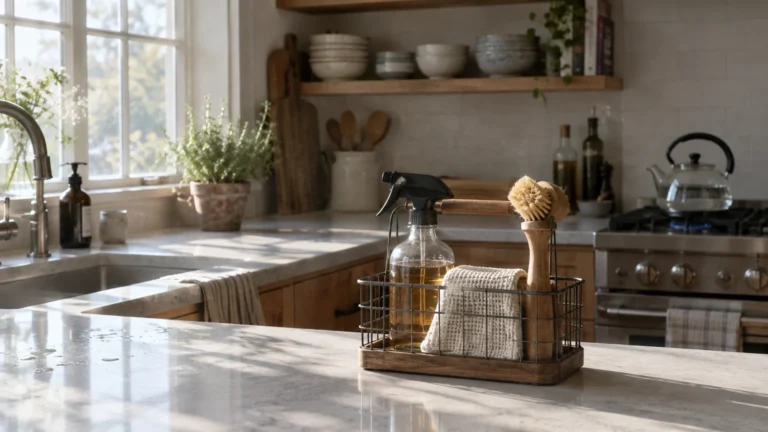 Wire and wood caddy with a spray bottle, cloth, and brush sitting on a sunlit marble kitchen counter.