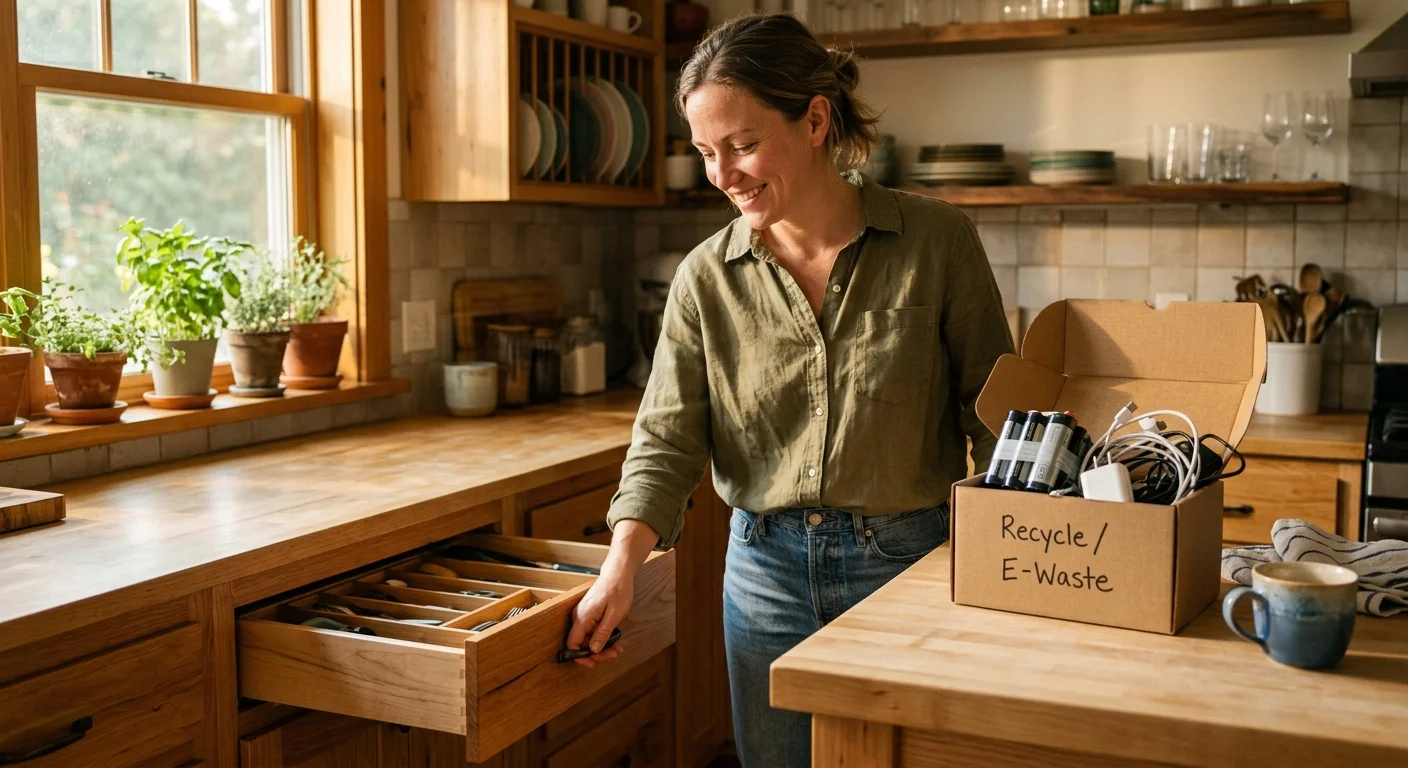 Smiling woman in a kitchen opening a drawer next to an e-waste recycle box filled with cables and batteries.